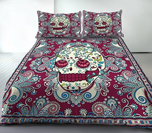 A Anoleu Purple Skull Combined with Paisley Design Printed Skull Bedding Set 3Pc, Reverse Comfortable Solid Purple Cotton Queen Size(Queen)