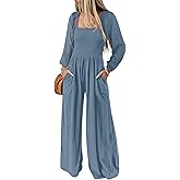 Happy Sailed Women's Long Sleeve Jumpsuits Loose Fit Overalls Square Neck Pockets High Waisted Wide Leg Pants Rompers