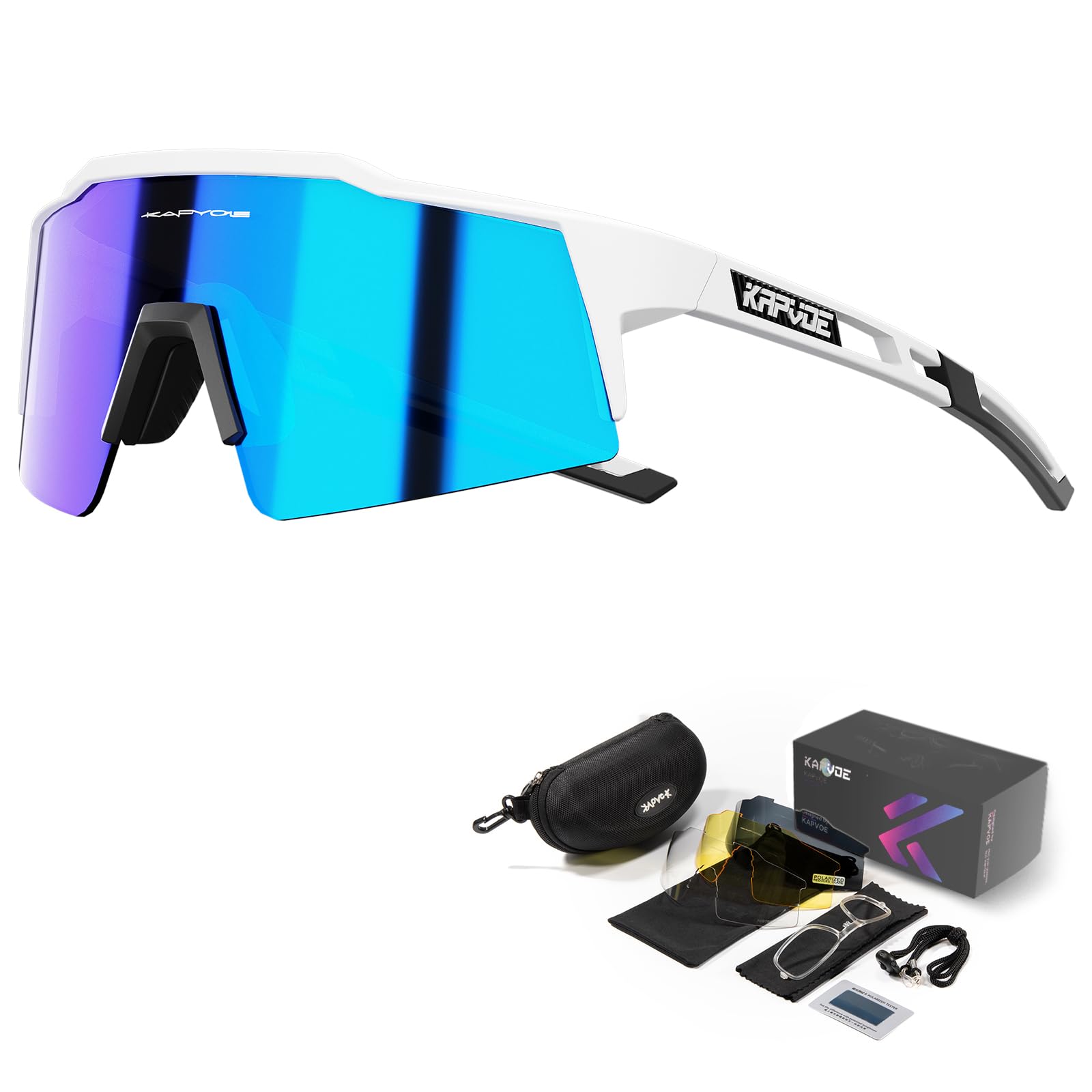 KAPVOE Cycling Glasses Polarized Mountain Bike Sunglasses Women Men MTB Bicycle Riding Motorcycle with 4 Interchangeable Lense 03 Blue White