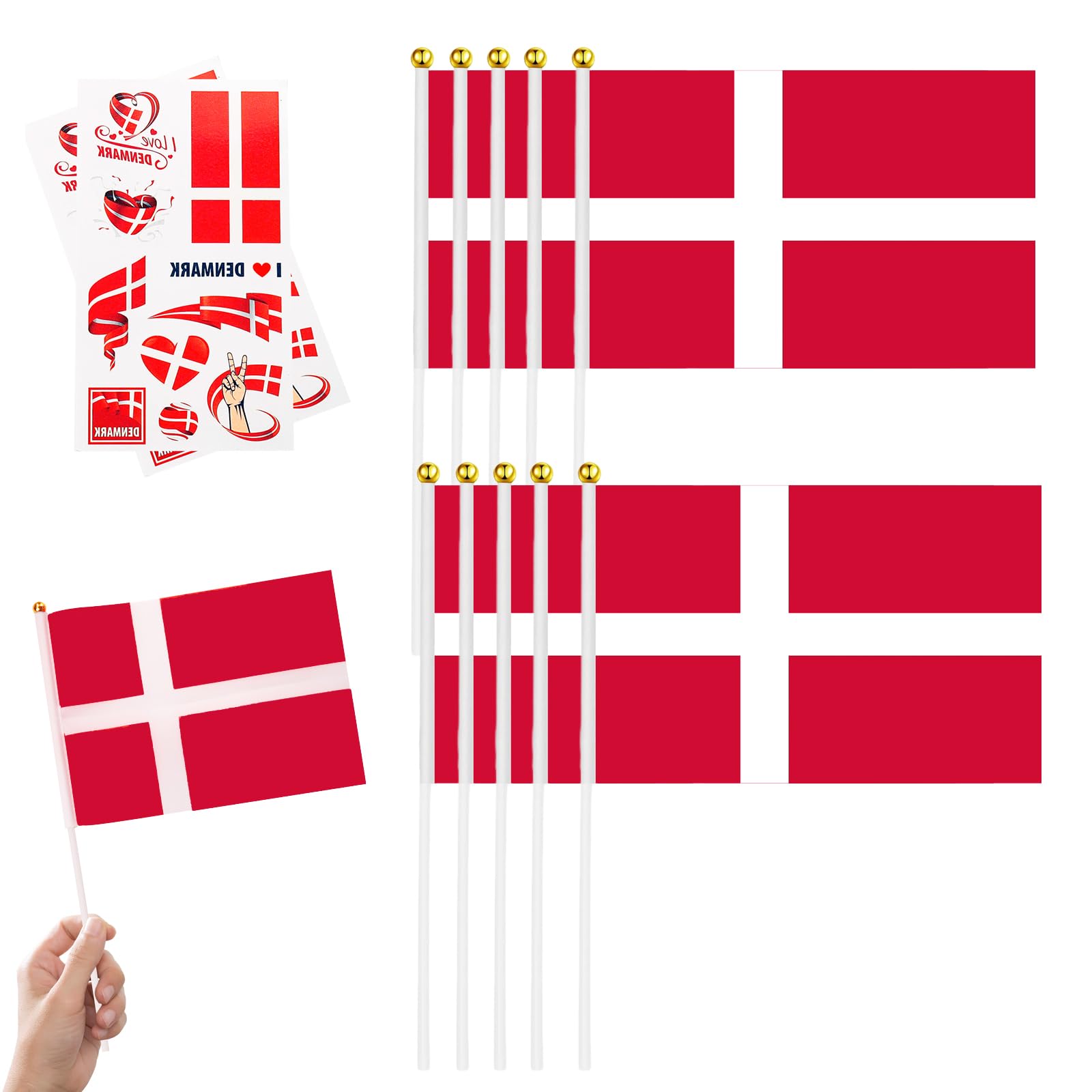 10pcs Small Denmark Flags on Sticks & 2pcs Temporary Tattoos for VE Day 80th Euro Football 2025 Party,Mini Denmark Flags on Sticks Hand Held Flags for VE Events Celebration German Party Decorations — image 1