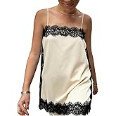 Lullnaxe Women Silk Lace Trim Cami Tops Y2k Spaghetti Strap Silky Slip Dress Y2k Backless Going Out Camisole