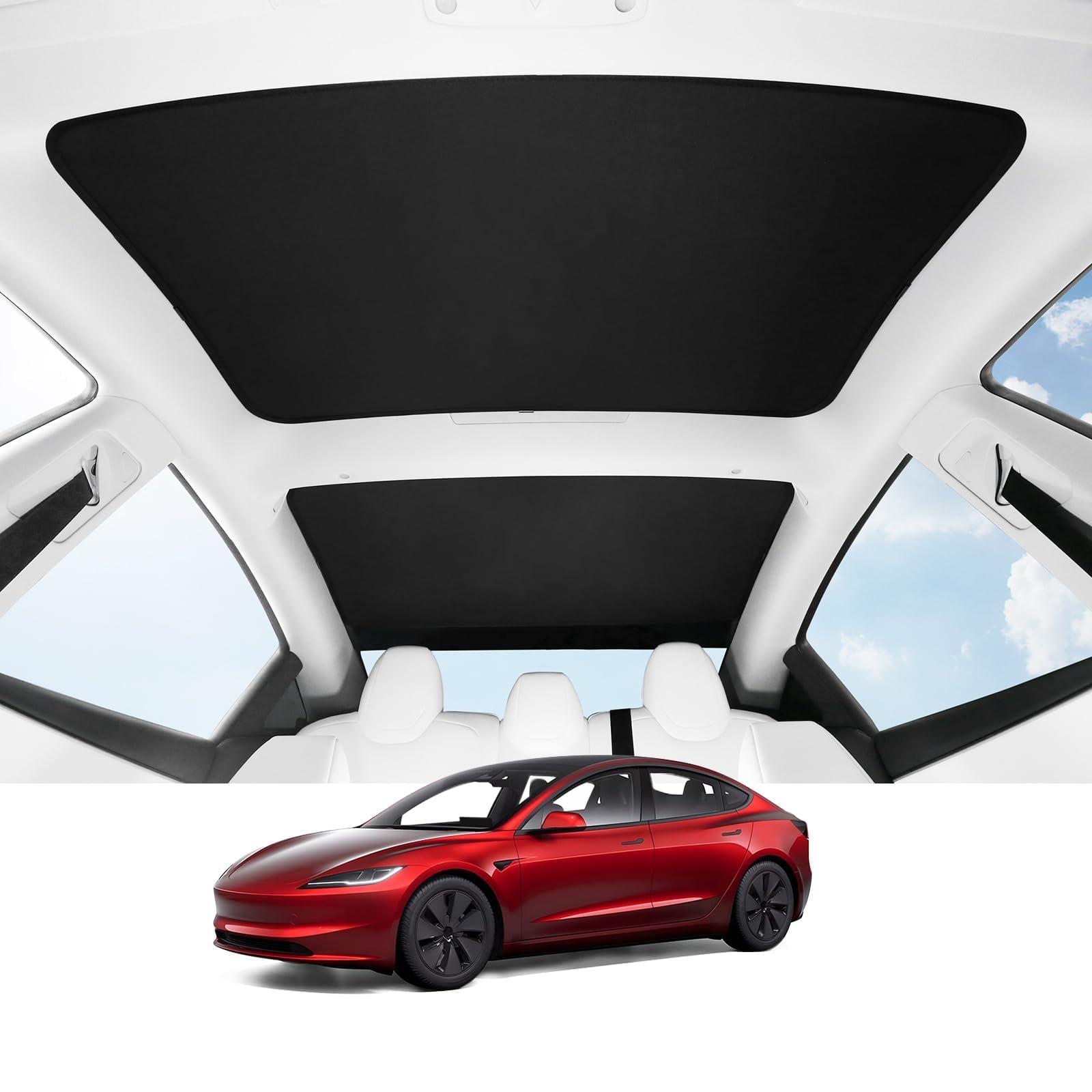 BASENOR 2024 Upgraded Tesla Model 3 Glass Roof Sunshade with Storage