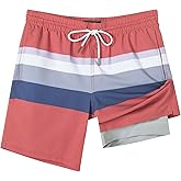 SURF CUZ Men's Pink Stripes Striped 7" Compression Liner Quick Dry Swim Trunks with Zipper Pockets, XL
