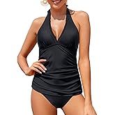 Holipick Women's Two Piece Tankini Bathing Suits Tummy Control Halter Swimsuits Ruffle V Neck Tankini Top with Bikini Bottoms