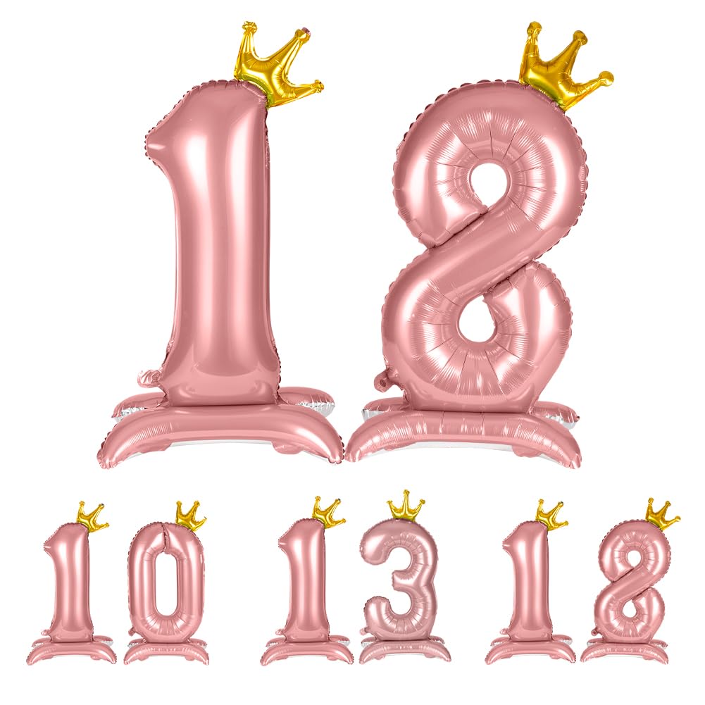 APXEL Pink Standing Crown Number 18 Balloons, 42 Inch Large Foil Number 1 & 8 Balloons, Self Inflating 18th Birthday Balloon for 18 Year Anniversary Birthday Party Christmas Decorations