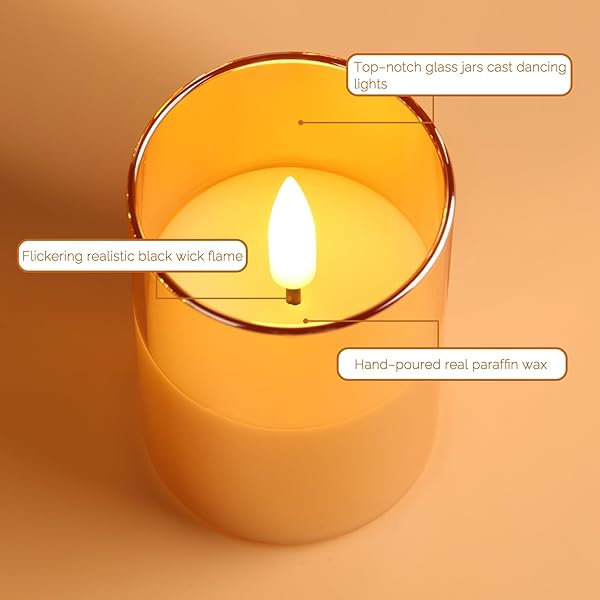 GIRIMAX GOLD GLASS FLAMELESS CANDLES WITH REMOTE BATTERIES, FLICKERING SLIM LED PILLAR CANDLES HOME TABLE DECOR SET OF 5