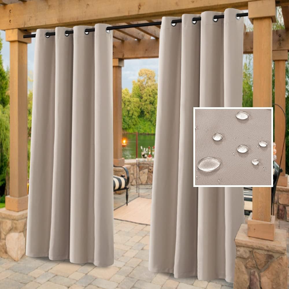 Outdoor Curtains - H.VERSAILTEX Indoor Outdoor Curtains for Patio Waterproof Stainless Steel Silver Grommet Thermal Insulated Blackout Outdoor Drapes for Deck/Gazebo, Natural, 52x108 Inch, 1 Panel