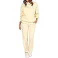 FUPHINE Lounge Sets for Women 2 Piece Outfits Sweater Sweatshirts Wide Leg Pants with Pockets Apricot Small