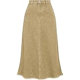 Belle Poque Vintage Denim Skirts for Women Elastic High Waist Frayed Raw Hem A-Line Maxi Long Jean Skirts with Pockets