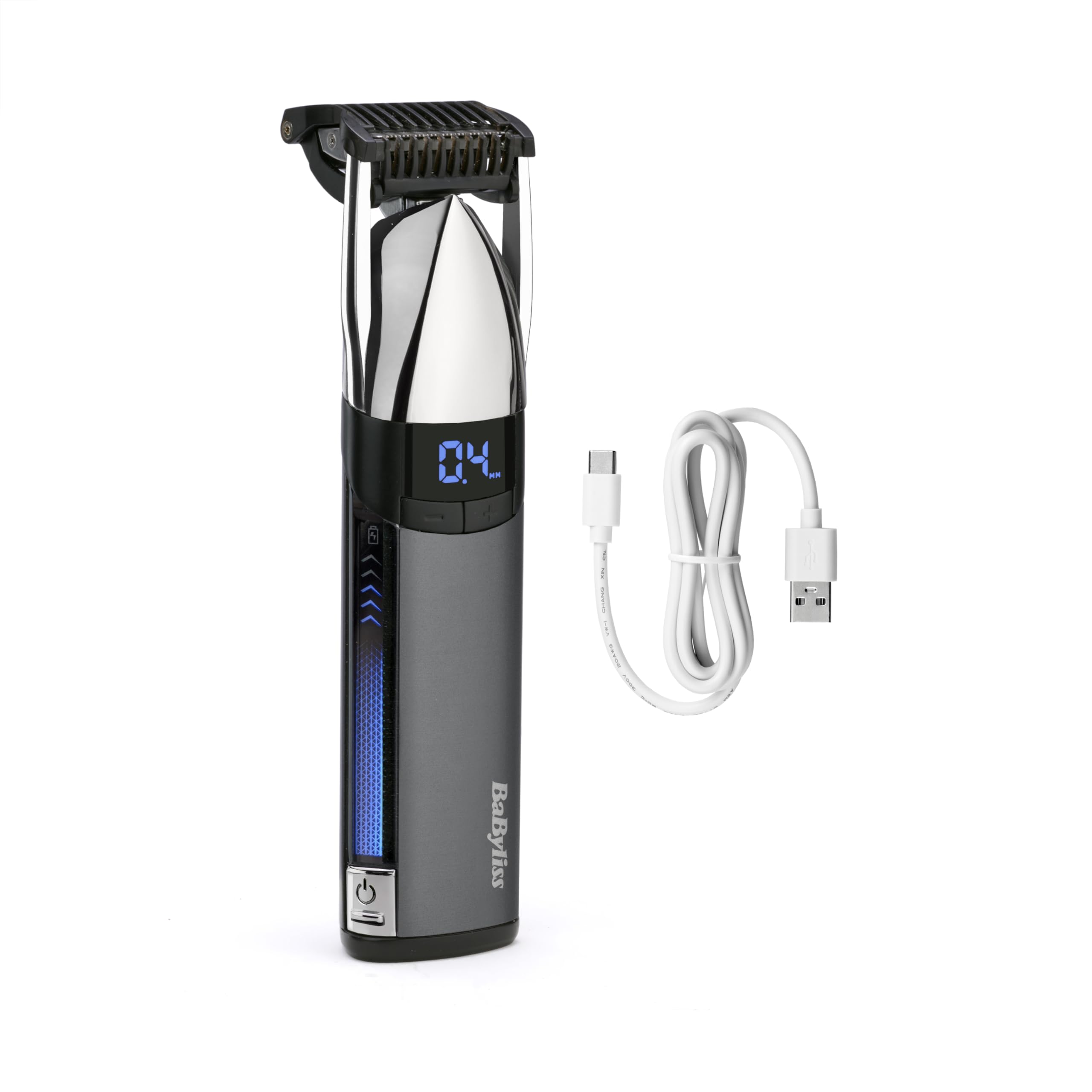 BaByliss Super-X Metal Stubble Trimmer - Waterproof Beard Trimmer with Japanese Steel Blades, Motorised Length Control (0.4–5mm), Digital Display, Lithium-Ion Power, 90-Minute Runtime, S996U