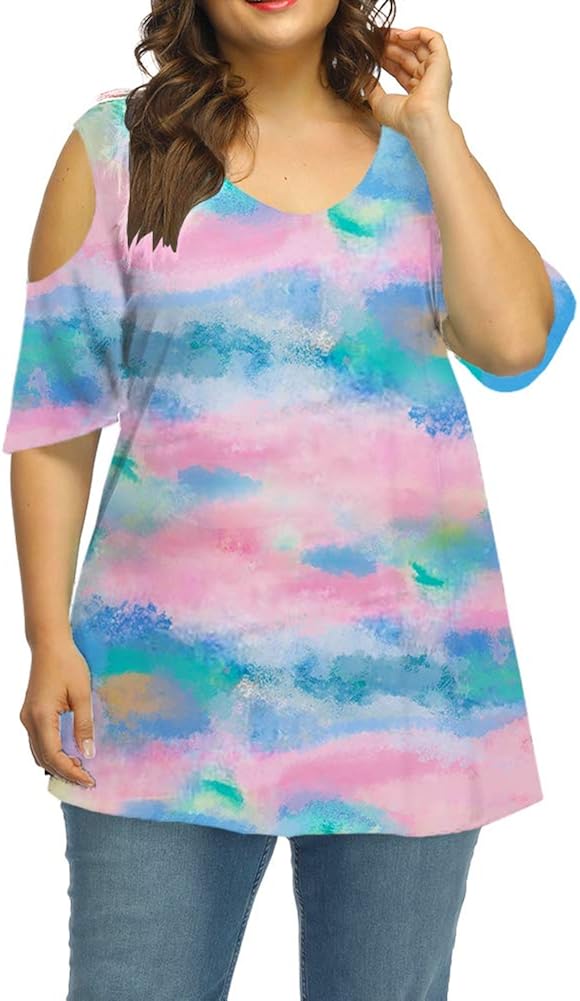 Allegrace Women's Plus Size Floral Printing Cold Shoulder Tunic Top Short Sleeve V Neck T Shirts at  Women’s Clothing store