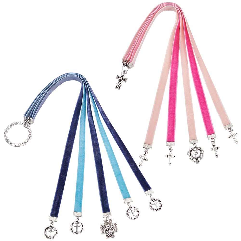 FINGERINSPIRE 2 Pcs Bible Ribbon Bookmark 2 Styles 36cm Velvet Ribbons Bookmark with 5 Ribbons Multi Page Ribbon Marker with Cross Charm for Bible Books(Jesus & Cross Heart, Blue & Pink)