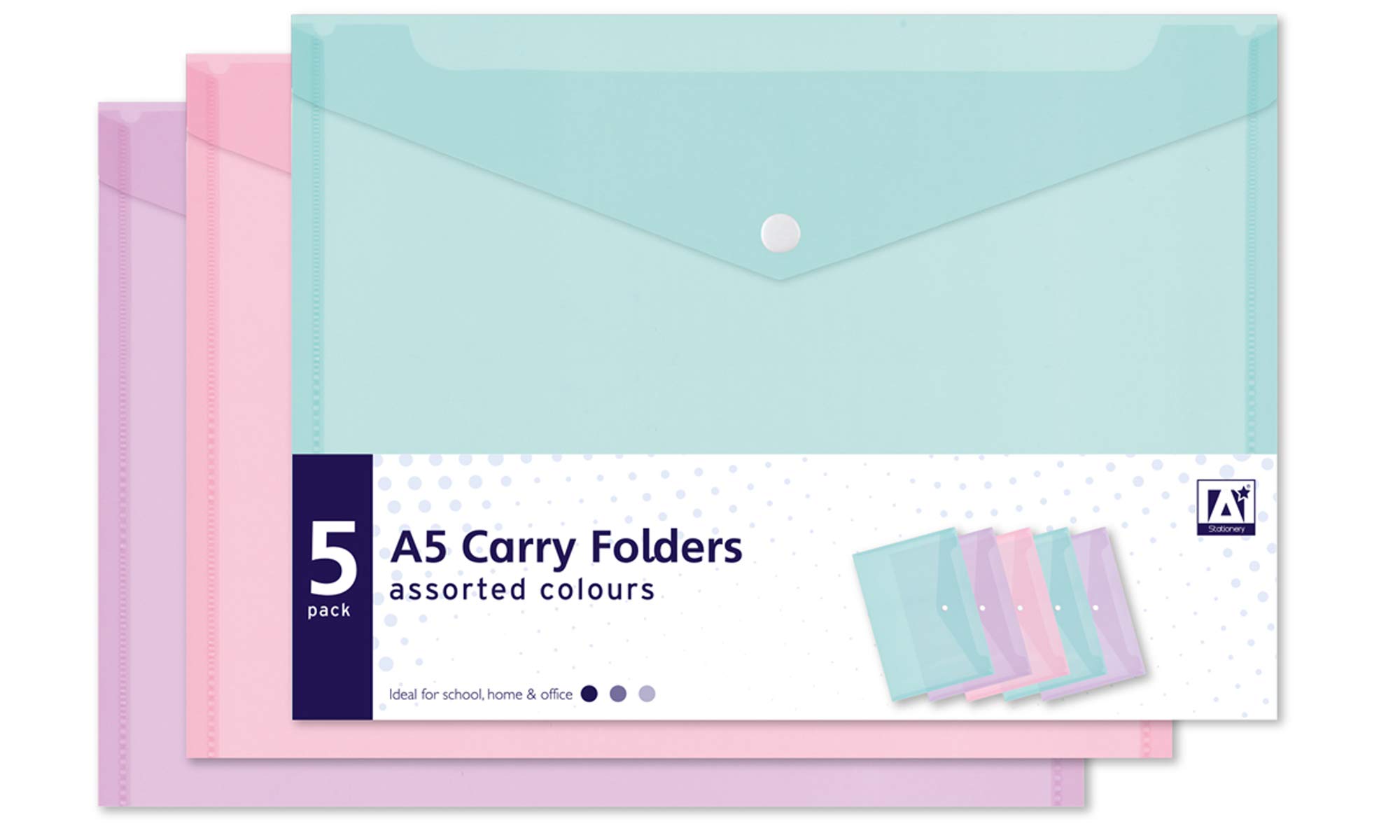 5 Assorted Pastel Colour A5 Document Stud Wallets Plastic Carry Popper Folder Pink Aqua