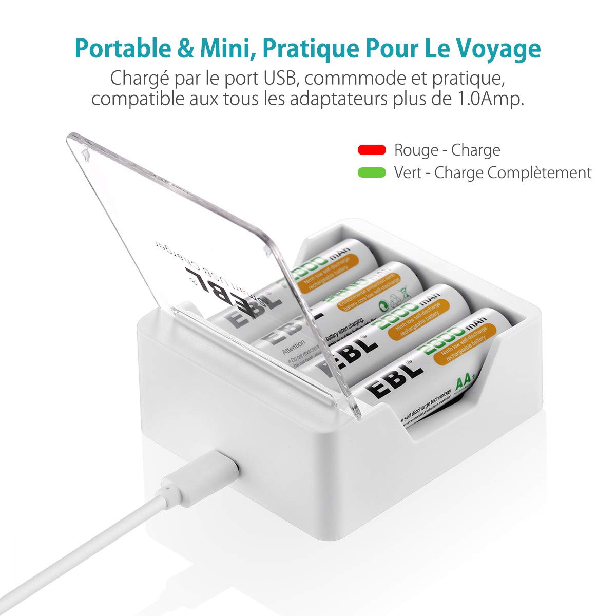 EBL 4 prise chargeur de pile rechargeable AA/AAA Ni-MH Ni-CD chargé par le Port USB Livré avec USB