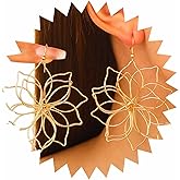 Allereyae Vintage Wire Flower Dangle Earrings Lotus Floral Drop Earrings Hollow Gold Flower Earrings Large Lotus Flower Earrings Flower Wire Statement Earrings Jewelry for Women