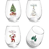 Jogskeor Merry Christmas Wine Glasses Set of 4, Santa Tree Stemless Wine Glasses, Wonderful Holiday Christmas Gifts for Women Men Dad Mom Grandpa Grandma Sisters Friends, 15Oz