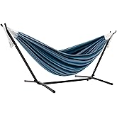 Vivere Double Cotton Hammock, Space Saving Steel Stand, Blue Lagoon, 9 Ft | 450 lb Capacity, Upgraded Polyester End Strings, Tool-Free Assembly, Includes Carry Bag, Seats 2 Adults, USA-Grown Fibers