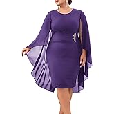 Hanna Nikole Womens Plus Size Chiffon Cape Dress Crew Neck Wedding Guest Dresses Ruched Bodycon Cocktail Pencil Dress