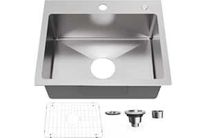 Bathenum 20" x 16" Drop in Kitchen Sink 304 Stainless Steel Single Bowl Topmount Kitchen Sink with Drain Kit and Bottom Grid, Brushed