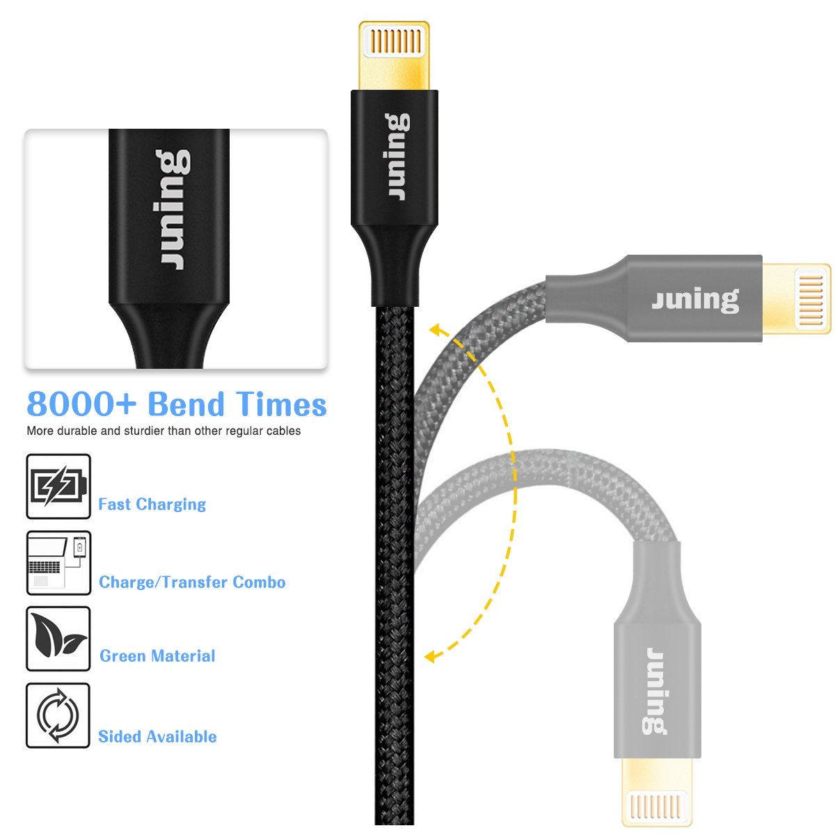 JUNING Lightning Cable Nylon Braided iPhone Charger Cord 5Pack 2x1FT/1x3.3FT/2x6FT Fast Charging, Lightning Connector to Data Syncing, Compatible with iPhone X/8/8P/7/7P/6P/6s/6s+/5/5s/SE, iPad(Black)