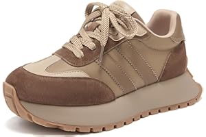 BEAU TODAY Casual Sneakers for Women, Leather Chunky Platform Retro Womens Walking Shoes, Comfortable Womens Non-Slip Tennis Running Shoes，Fashion Sneakers for Women
