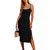 Valiamcep Women's Summer Midi Bodycon Dresses Basic Square Neck Side Slit Ribbed Knit Fitted Casual Sleeveless Tank Dress