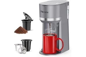 Horavie Mini Single Serve Coffee Maker for K Cup and Ground Coffee, Fast Brew One Cup Coffee Machine with Descaling Reminder and Water Window, 6 to 12 oz. Brew Sizes, Grey