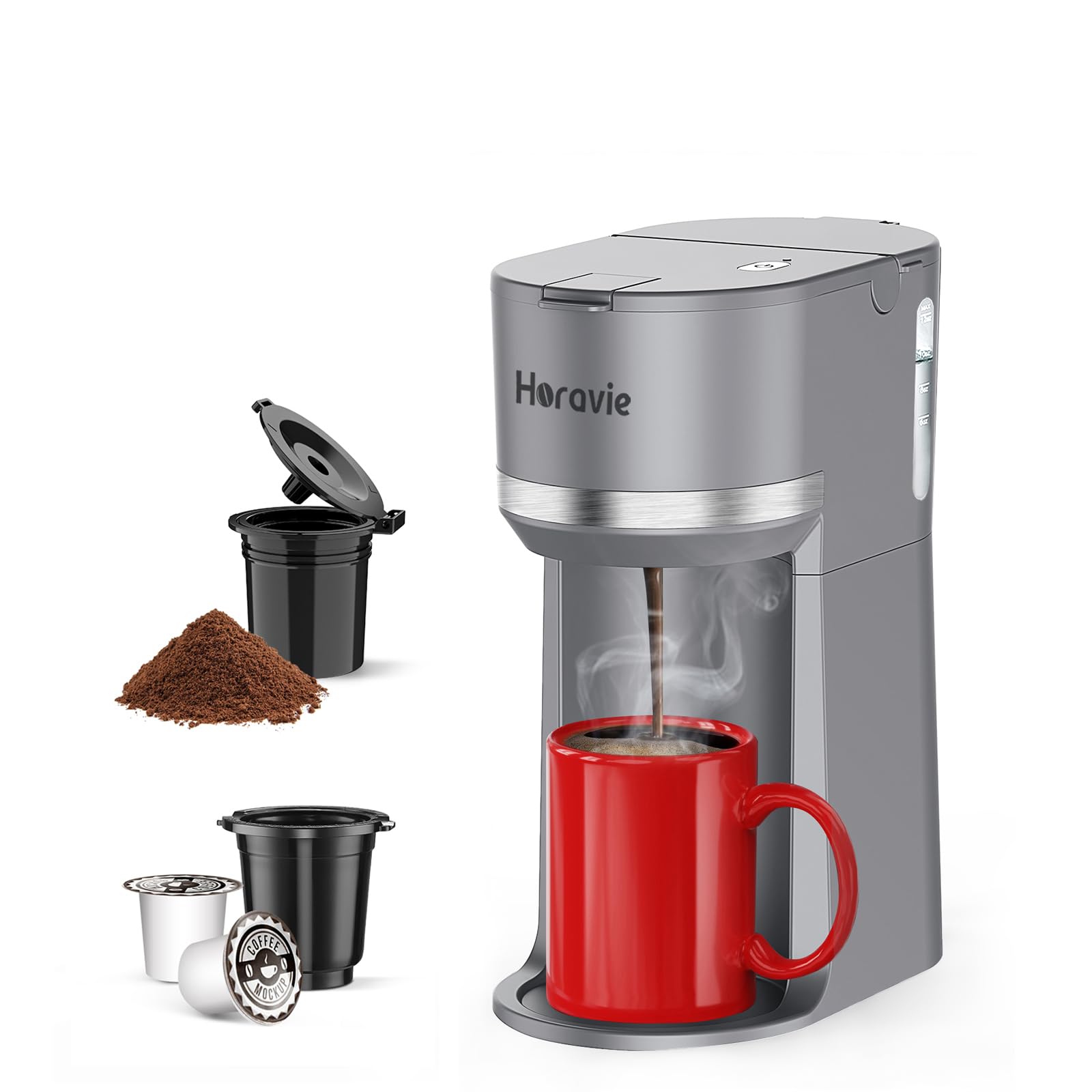 Photo 1 of Horavie Mini Single Serve Coffee Maker for K Cup and Ground Coffee, Fast Brew One Cup Coffee Machine with Descaling Reminder and Water Window, 6 to 12 oz. Brew Sizes, Grey