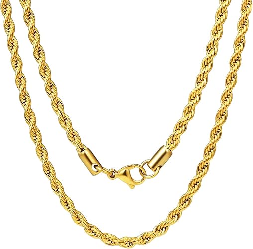Amazon Co Jp Three Keys Jewelry 4mm メンズ ステンレススチールネックレス 18k ゴールドメッキ ツイストロープ チェーンネックレス メンズ レディース ジュエリー
