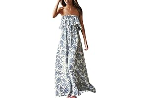 ZMPSIISA Women's Summer Off The Shoulder Maxi Dress Ruffle Strapless Blue White Porcelain Boho Casual Loose Long Dresses