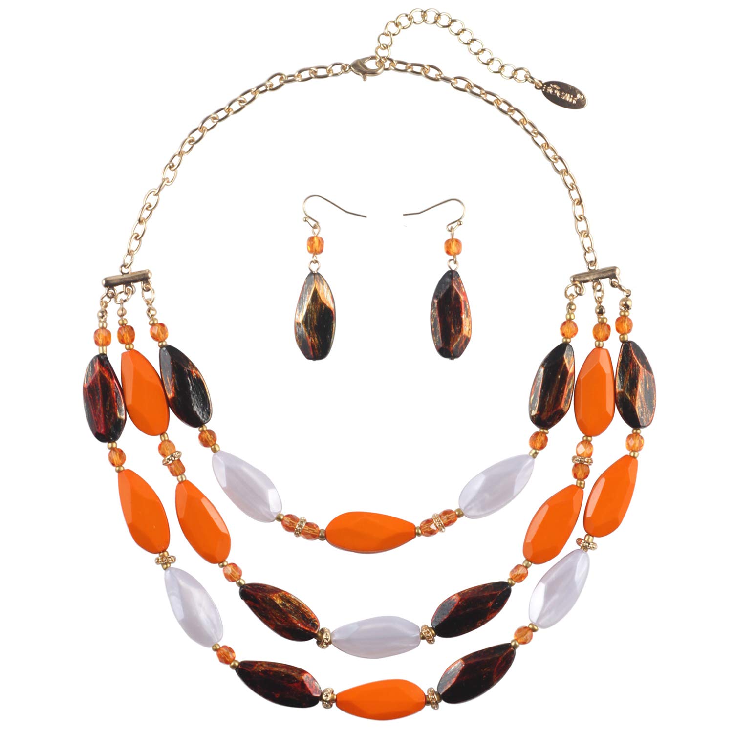 Bocar Layered Statement Bead Necklace and Earrings Orange Costume Jewellery Set for Women Gift (NK-10077-Russet Orange)