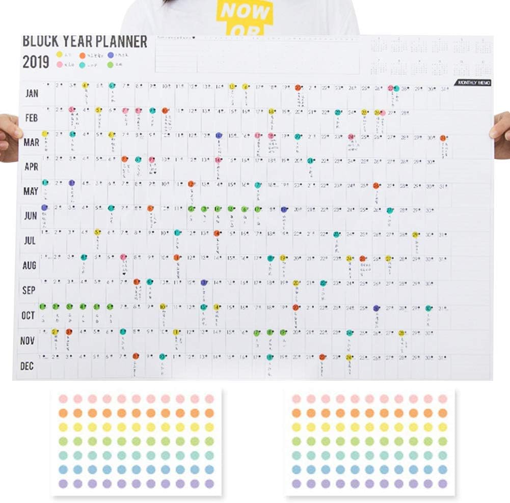 Wall Planner Calendar 2019, Sunshine D Wall Calendar by Block Year Planner with 2 Adhesive Dots Sheet, Organizer for Home or Office