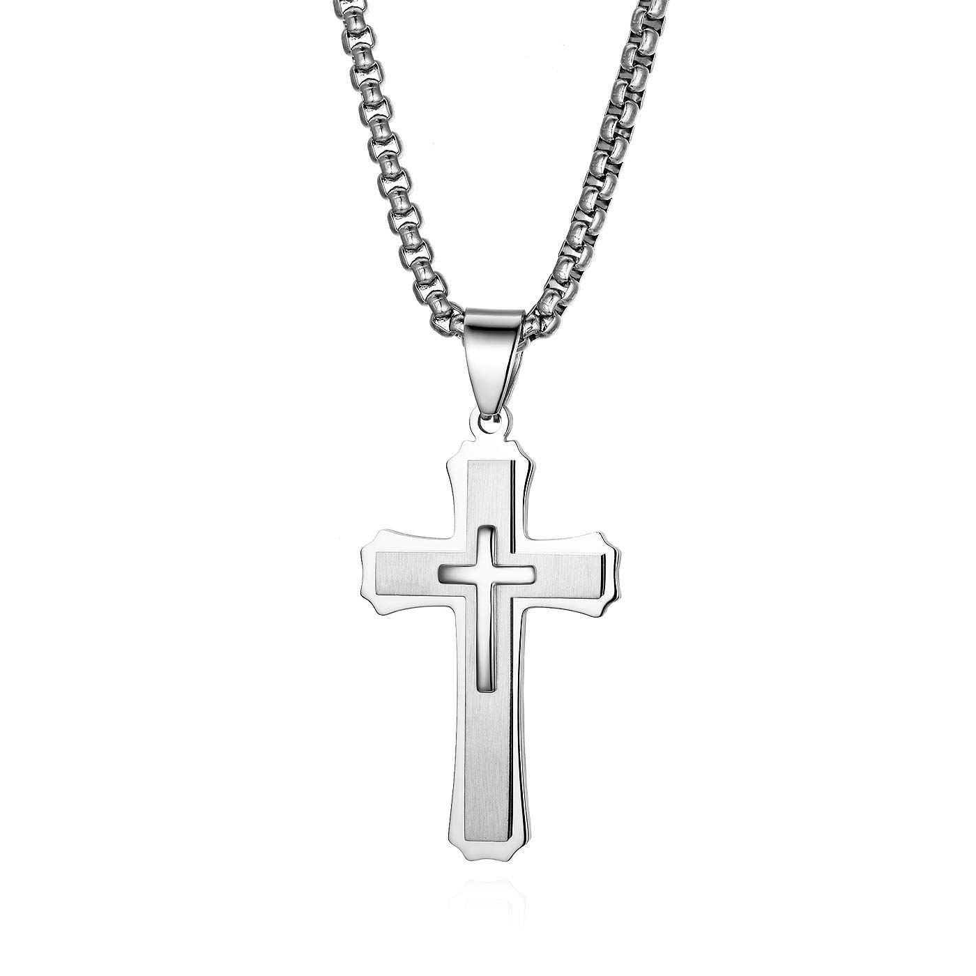 JewelryWe Men's Christ Cross Crucifix Metal Pendant Stainless Steel Necklace With Wheat Chain,22 Inch(Silver)
