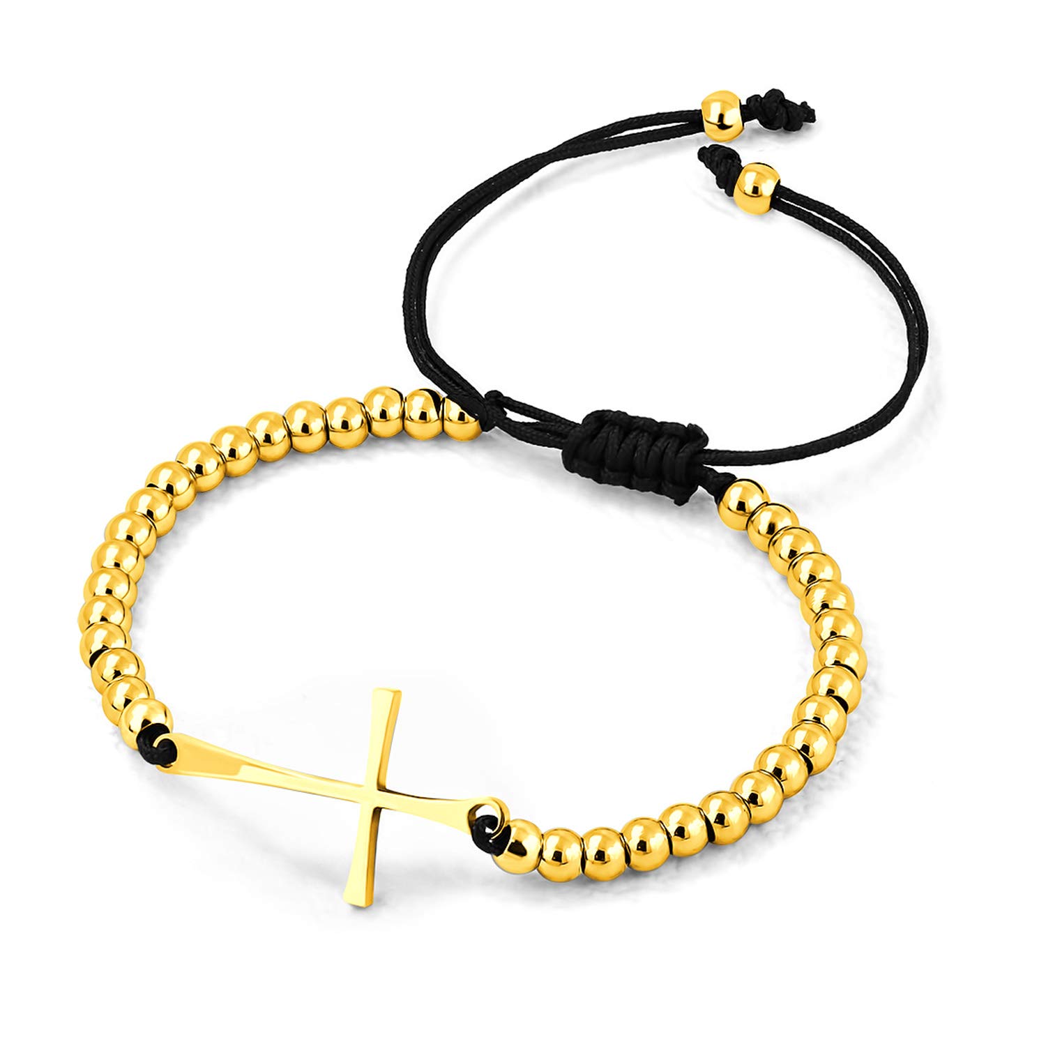 555Jewelry Stainless Steel Sideways Cross Bracelet for Women Adjustable String Bracelets Cross, Extendable Slide Cuff Bangle Beaded Bolo Bracelets for Women, Gold