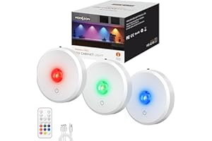 MICLIONLED RGB Puck Lights with Remote Control, 2000mAh Battery Operated Tap Lights Rechargeable, 9 Colors & 2 Dynamic Changing Under Cabinet Lighting, Magnetic Stick on Light for Closet(White, 3 Pack)