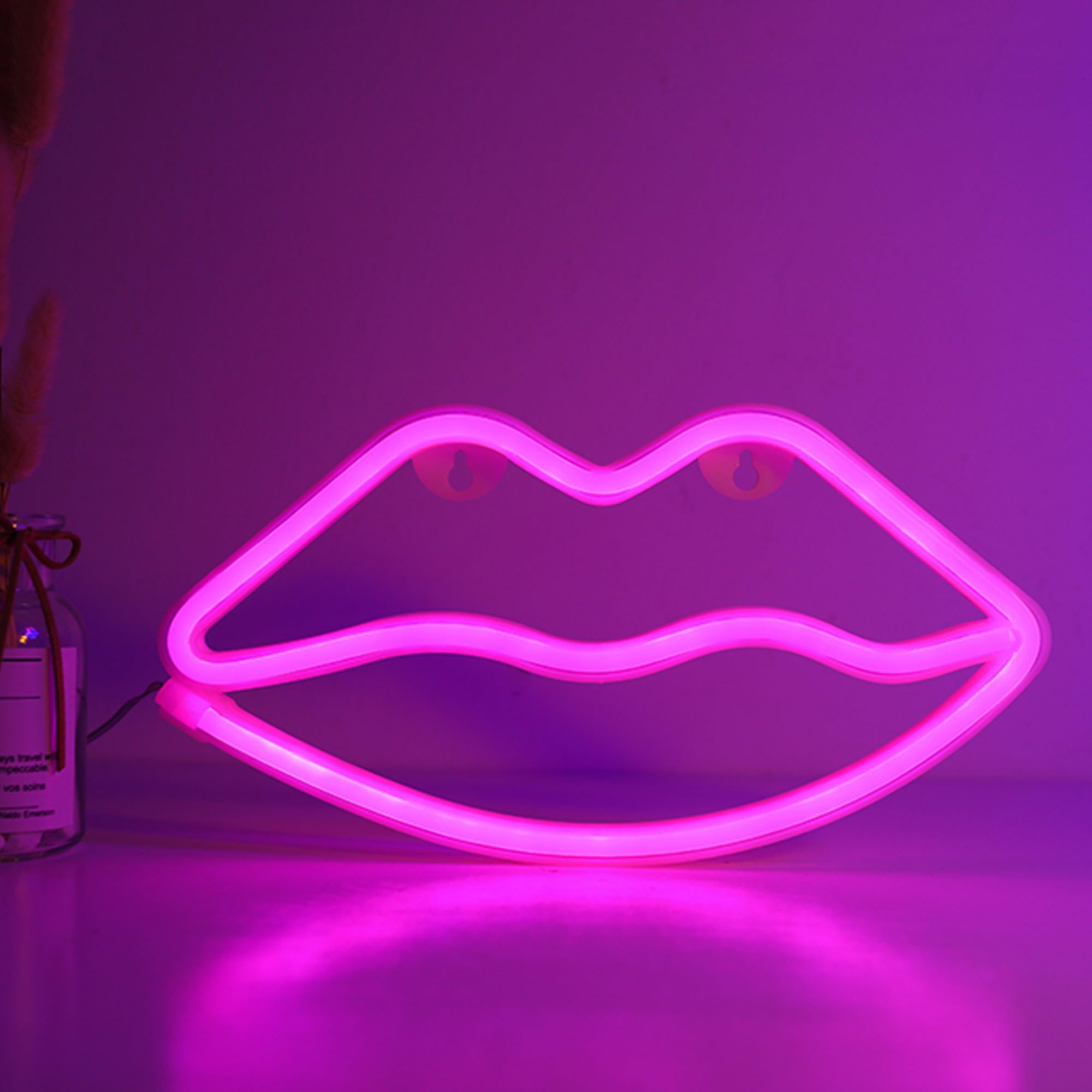 Pink Lip Neon Signs,Lip Neon Night Light Pink Neon Wall Light Led Romantic Art Decorative Neon Lights Battery or USB Operated Led Lamp Art Wall Decor for Christmas Party Birthday Kids Room Wedding