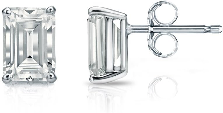 1/2 to 2 Carat Diamond Stud Earrings in 14k White Gold Emerald-Cut (cttw, O.White, SI1-SI2) 4-Prong Basket Push Back by Diamond Wish