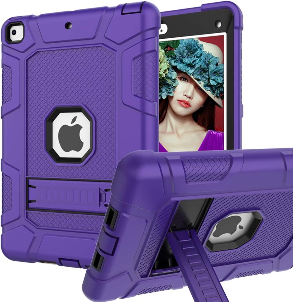iPad Mini 5 Case, iPad Mini 4 Case, Hybrid Three Layer Armor Shockproof Rugged Drop Protection Cover Case Built with Kickstand for iPad Mini 4/5 7.9 Inch (Purple+Black)