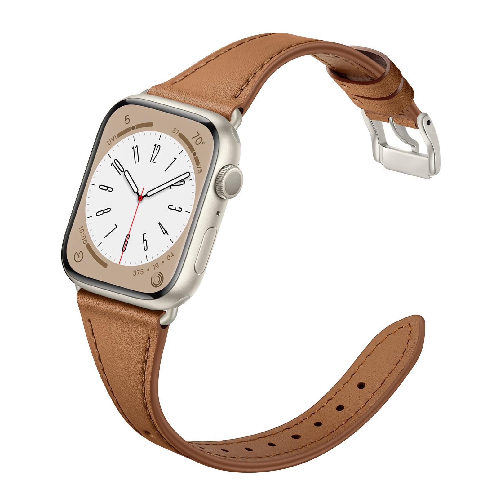 XCCYBTT Slim Leather Bands Compatible with Apple Watch Band 42mm 41mm 40mm 38mm, Genuine Leather Replacement Strap for iWatch Series 11/10/9/8/7/6/5/4/3/2/1 SE 3/2/1 Women, Brown/Starlight