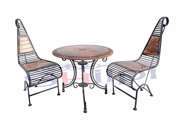 Shilpi Wooden & Iron Carved Decorative Folding Table with 2 Chair Set / Garden Coffee Set