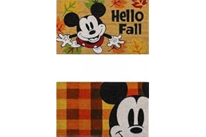 Gertmenian Mickey Mouse Coir Front Door Mat (2-Pack) Mats for Home Entrance Retro Welcome Mat Disney Home Decor 20" x 34" Each, Hello Fall Orange Red Brown Plaid, 46643