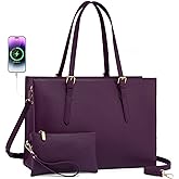 LOVEVOOK 15.6 Inch Laptop Bag for women, Large Waterproof PU Leather Work Briefcase with USB Charging Port Casual Computer Shoulder Messenger Fashion Business Office Tote Handbag Purse, Purple