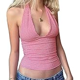 Women Halter Neck Sleeveless Crop Tops y2k Back Tie Up Cami Shirts Deep V Going Out Tank Tops
