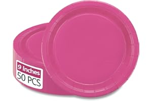 50Pcs Hot Pink Paper Plates - 9” Cerise Round Disposable Dinner Plate for Holidays Picnic Celebrations Pink Birthday Party Su