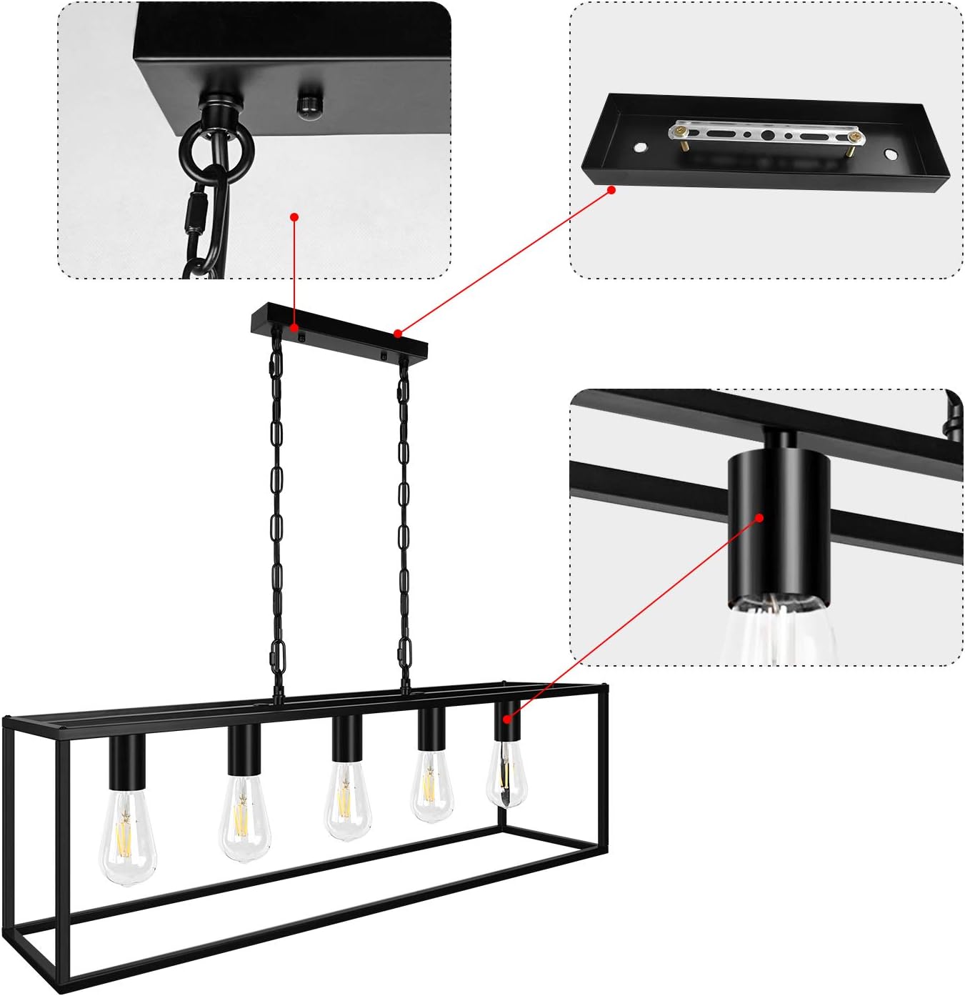 Black Farmhouse Kitchen Island Dining Room Chandelier, Modern Rectangle Pendant Light, Industrial Light Fixtures for Living Room Foyer Bar ( 5-Light ) - - 