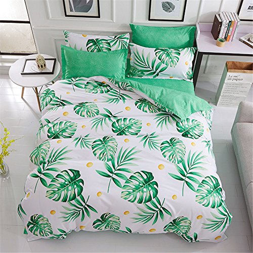 EsyDream Fresh Green Tropical Plant Leaves Print Duvet Cover 4-Pieces,Hawaiian Island Holiday Tropical Plant Bedding Sheet No Comforter,Queen/Full Size (4pc/Set)