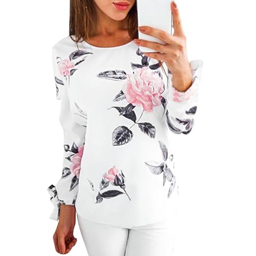 URSING Herbst Bluse Damen Langarm Shirt Pullover Super Gemütlich Floral Splice Printing Rundhals Tops Elegantes charmantes T-