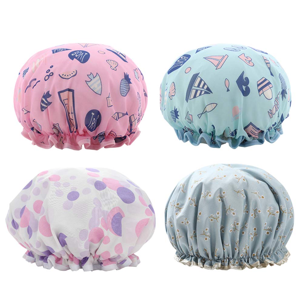 YOFASEN 2/4 pcs Double Layer Bath Cap Thick Satin EVA Shower Cap, Waterproof Elastic Bath Cap for Women Girls Shower Spa Salon
