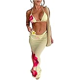 Verdusa Women's 3 Piece Boho Floral Print Bikini Set Halter Triangle High Cut Swimsuit with Cover Up