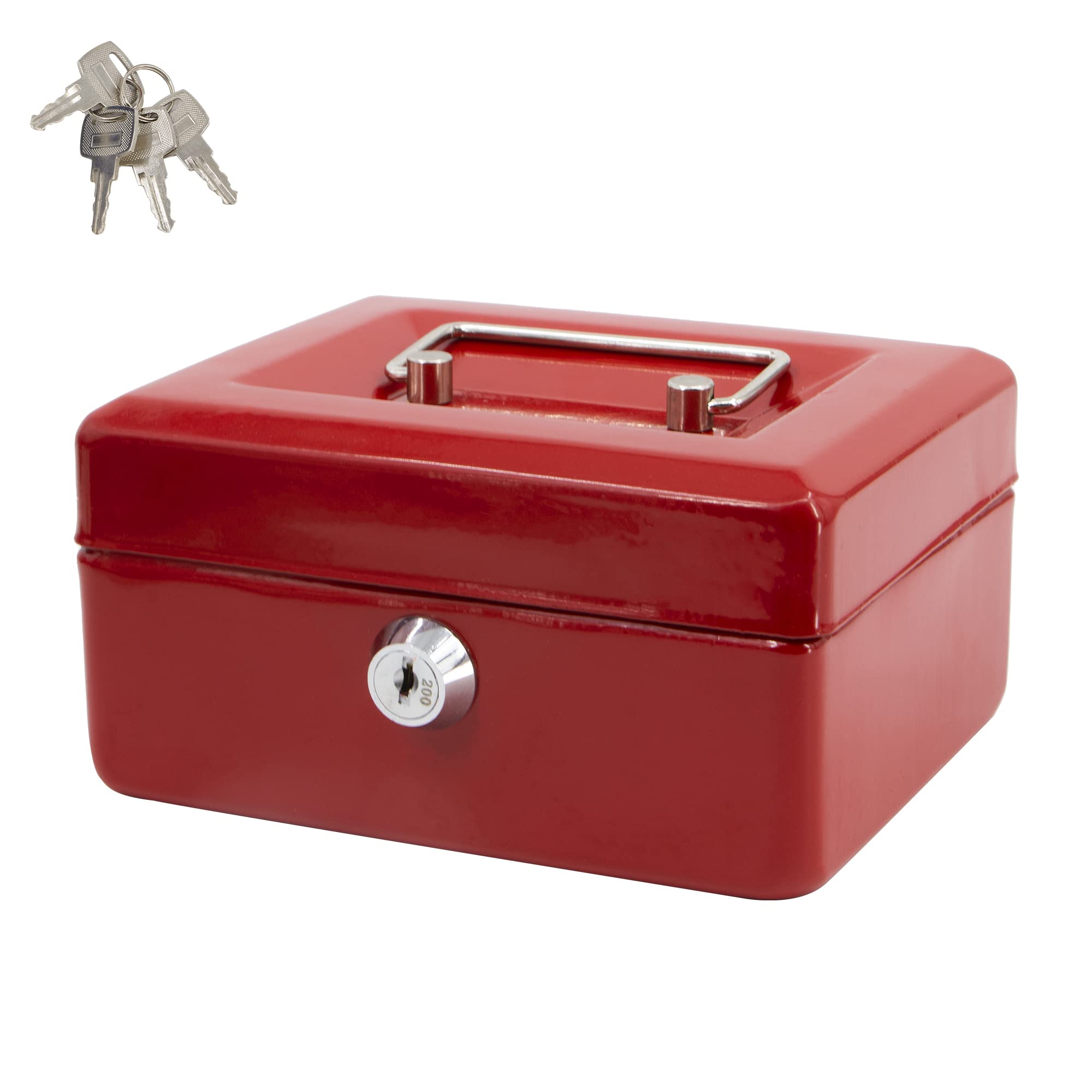 Time to Sparkle 6 inch Small Lock Box Money Safe with Tray for Cash Metal Saving Box Lock and Key with Stainless Steel Handle 15 * 12 * 8cm Red